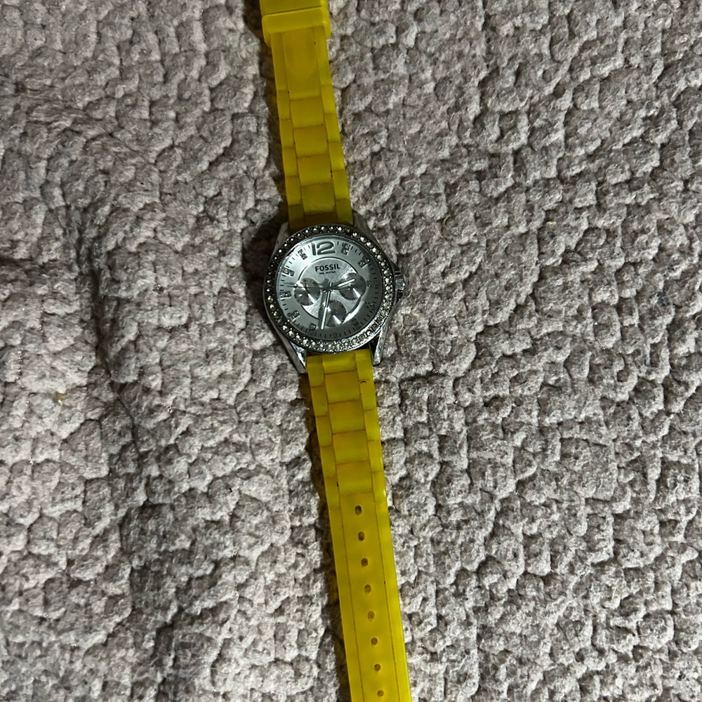 Fossil Watch with Yellow Silicone Band and Silver Dial